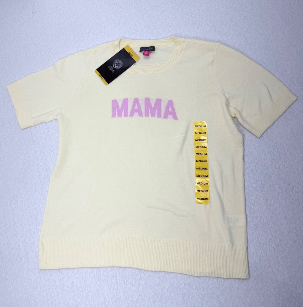 Vince Camuto Women's Short Sleeve Sweater Size M Yellow/Pink "MAMA"